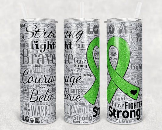 20 oz Skinny Tumbler Sublimation Glitter Awareness Ribbon Word Art Cancer Lime Green Straight Warped Design