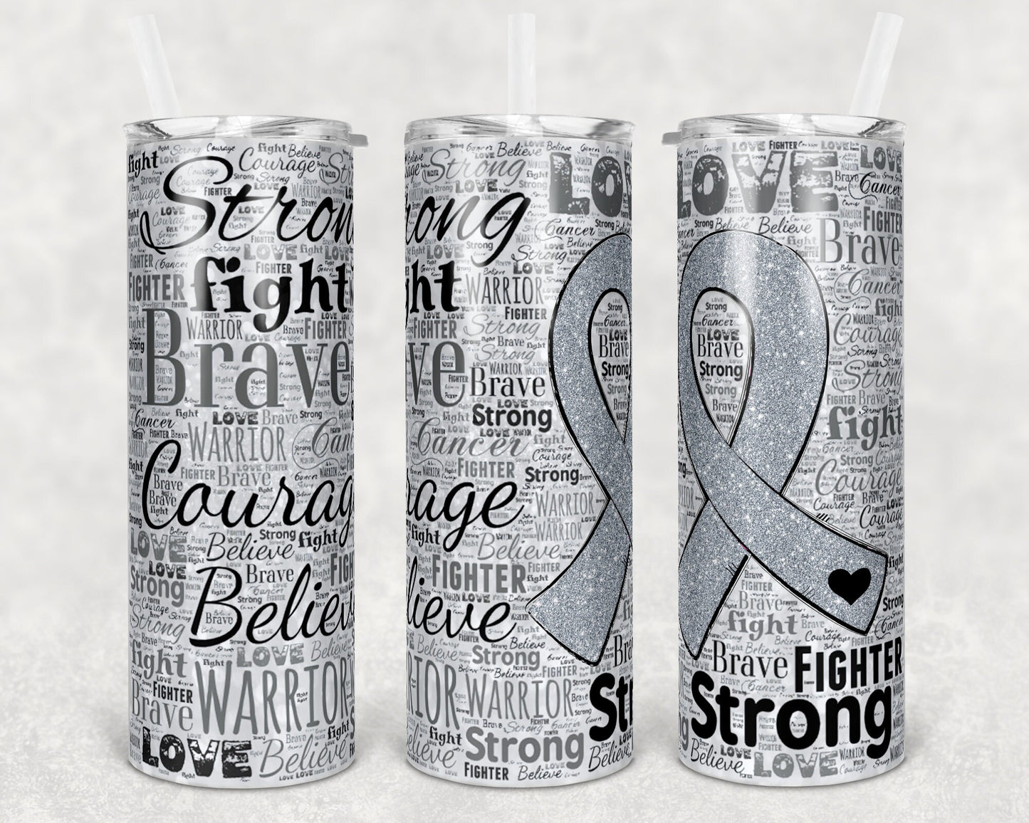 20 oz Skinny Tumbler Sublimation Glitter Awareness Ribbon Word Art Cancer Gray Straight Warped Design