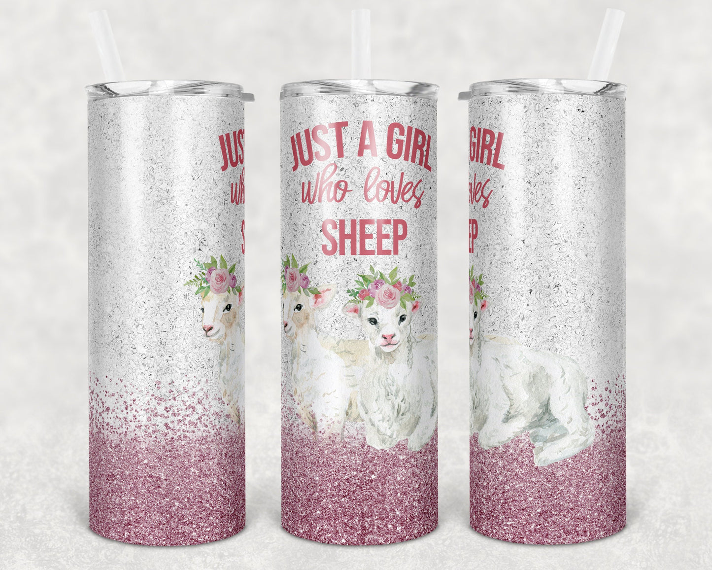20 oz Skinny Tumbler Sublimation Just a Girl who Loves Sheep Glitter Design
