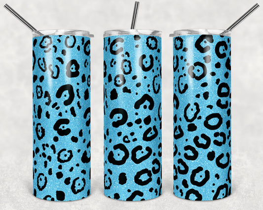 20 oz Skinny Tumbler Sublimation Design Template Blue Leopard Glitter Design tumblers