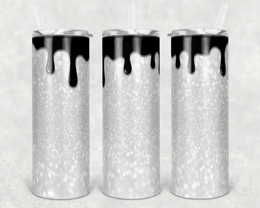 20 oz Skinny Tumbler Sublimation Design Glitter Black Drip Background Straight and Warped Design