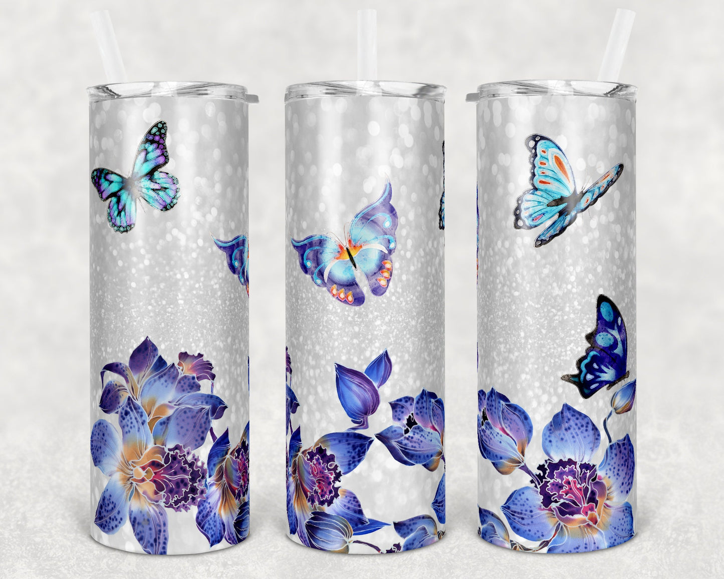 20 oz Skinny Tumbler Glitter Orchid Background Butterflies Sublimation Design Print Transfer