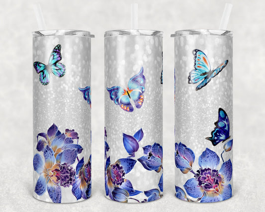 20 oz Skinny Tumbler Glitter Orchid Background Butterflies Sublimation Design Print Transfer