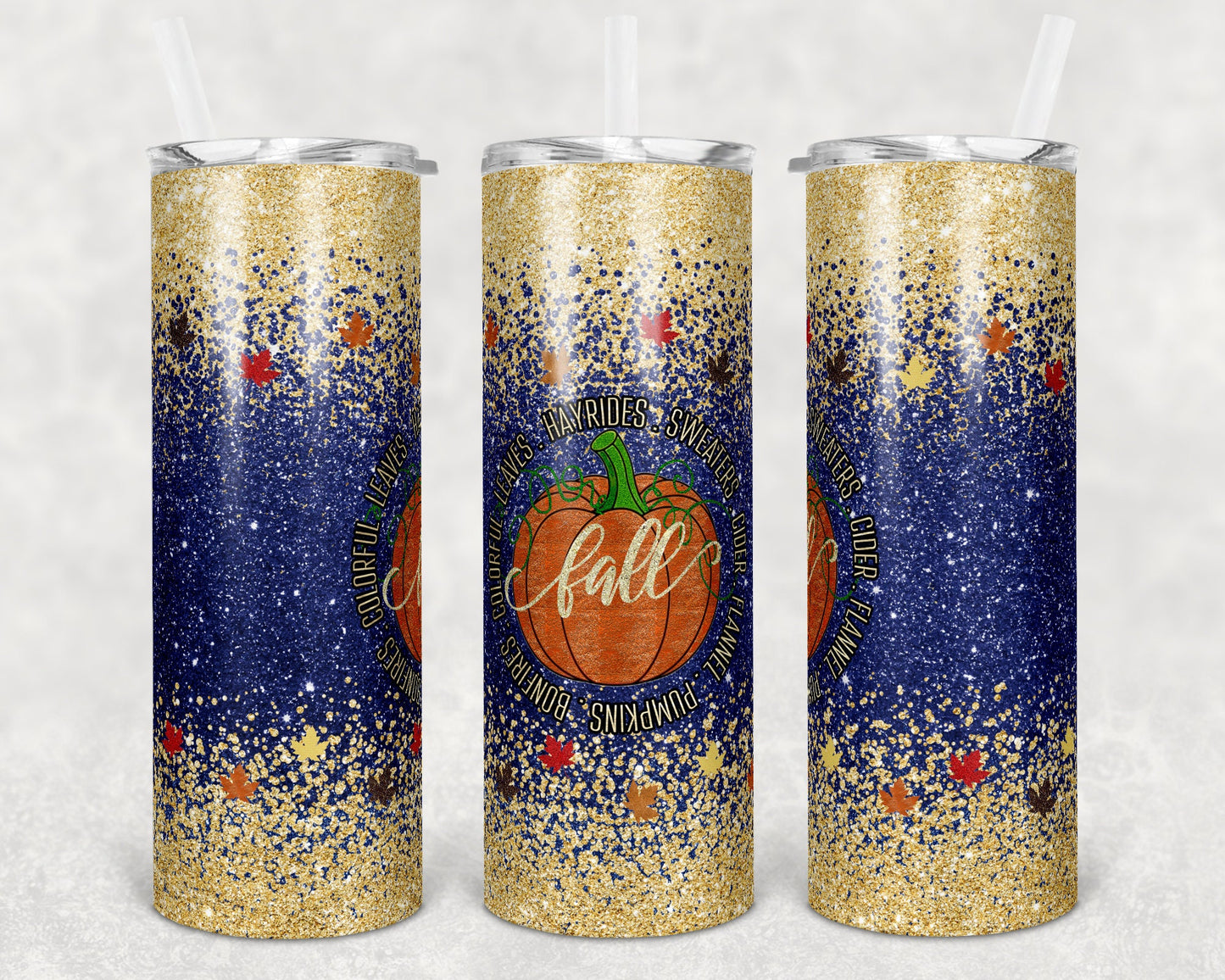 20 oz Skinny Tumbler Sublimation Design Template Glitter Ombre Navy Fall Leaves Fall Bonfires Straight Warped Design