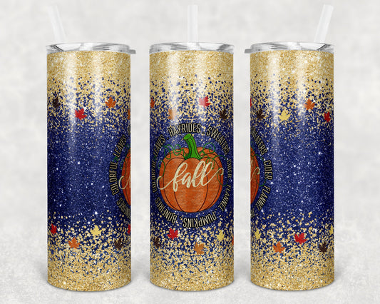 20 oz Skinny Tumbler Sublimation Design Template Glitter Ombre Navy Fall Leaves Fall Bonfires Straight Warped Design