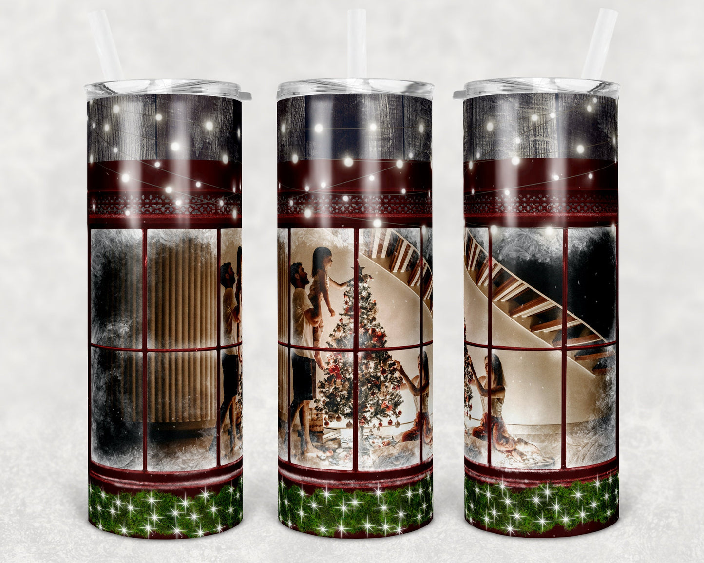 20 oz Skinny Tumbler Sublimation SEAMLESS Christmas Photo Frame Window Frame Design Template Straight Warped