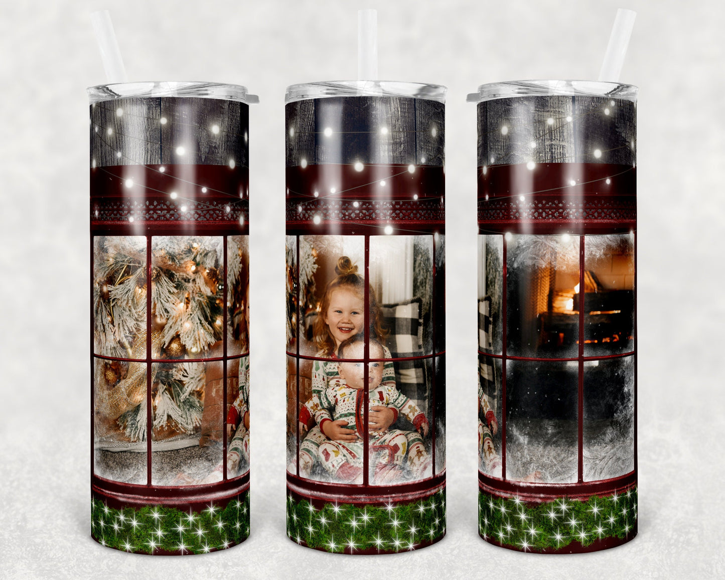 20 oz Skinny Tumbler Sublimation SEAMLESS Christmas Photo Frame Window Frame Design Template Straight Warped