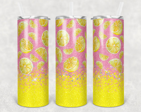 20 oz Skinny Tumbler Sublimation Design Glitter Bright Yellow pink lemonade lemon lemons Straight Warped Design