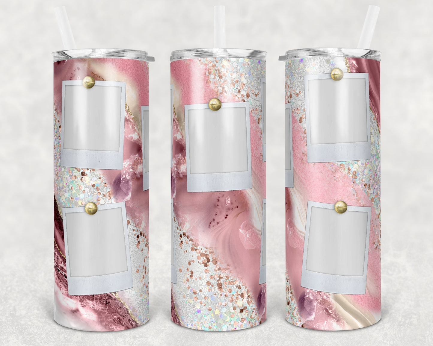 20 oz Skinny Tumbler Pink Milky way with photo Frames Gold and Blush Pink Sublimation Design