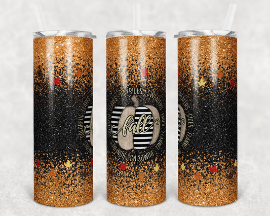 20 oz Skinny Tumbler Sublimation Design Template Glitter Ombre Fall Leaves Fall Bonfires Straight Warped Design