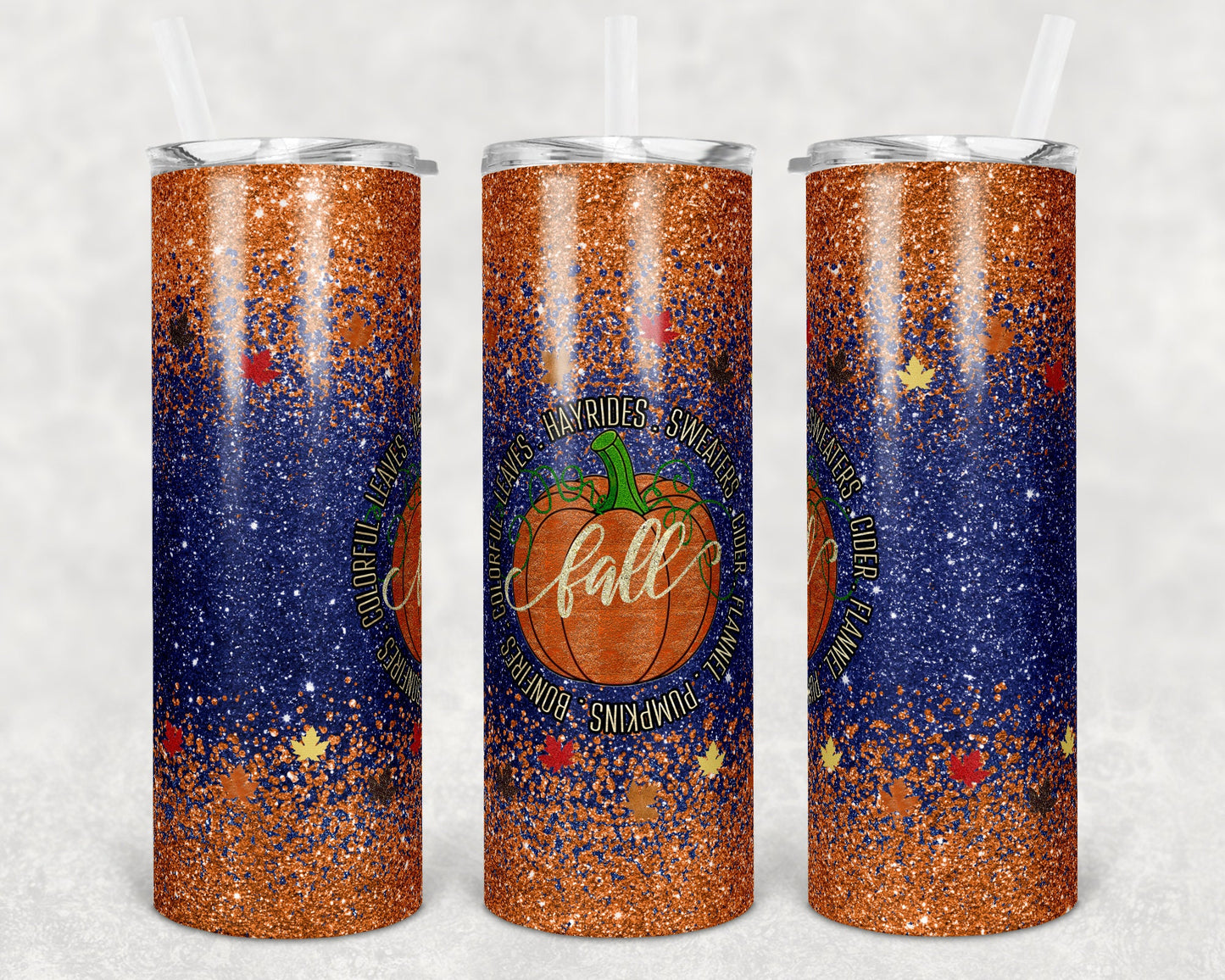 20 oz Skinny Tumbler Sublimation Design Template Glitter Ombre Navy Fall Leaves Fall Bonfires Straight Warped Design