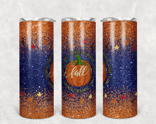 20 oz Skinny Tumbler Sublimation Design Template Glitter Ombre Navy Fall Leaves Fall Bonfires Straight Warped Design