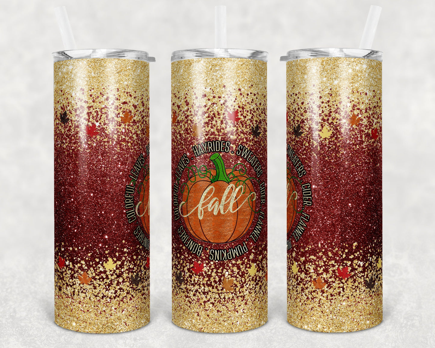 20 oz Skinny Tumbler Sublimation Design Template Glitter Ombre Maroon Fall Leaves Fall Bonfires Straight Warped Design