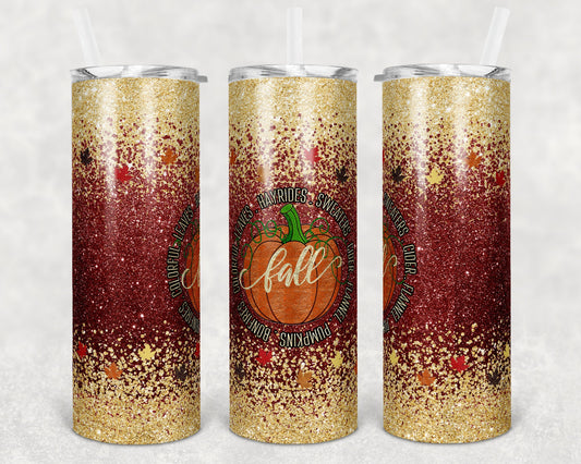 20 oz Skinny Tumbler Sublimation Design Template Glitter Ombre Maroon Fall Leaves Fall Bonfires Straight Warped Design