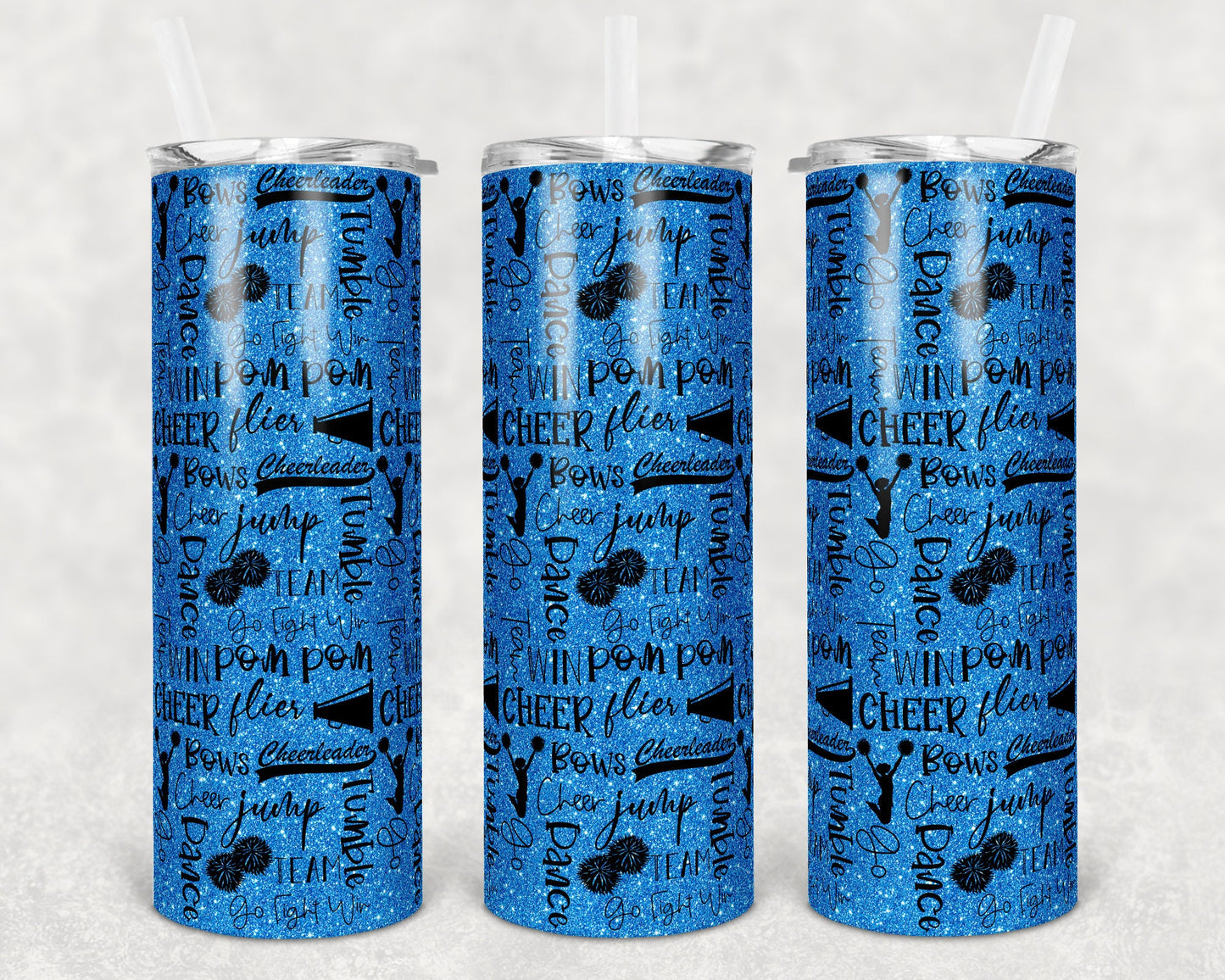 20 oz Skinny Tumbler Cheer Blue Glitter Cheer Words Cheerleading Sublimation Design