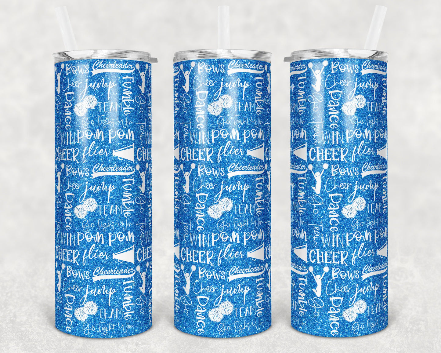 20 oz Skinny Tumbler Cheer Blue Glitter Cheer Words Cheerleading Sublimation Design