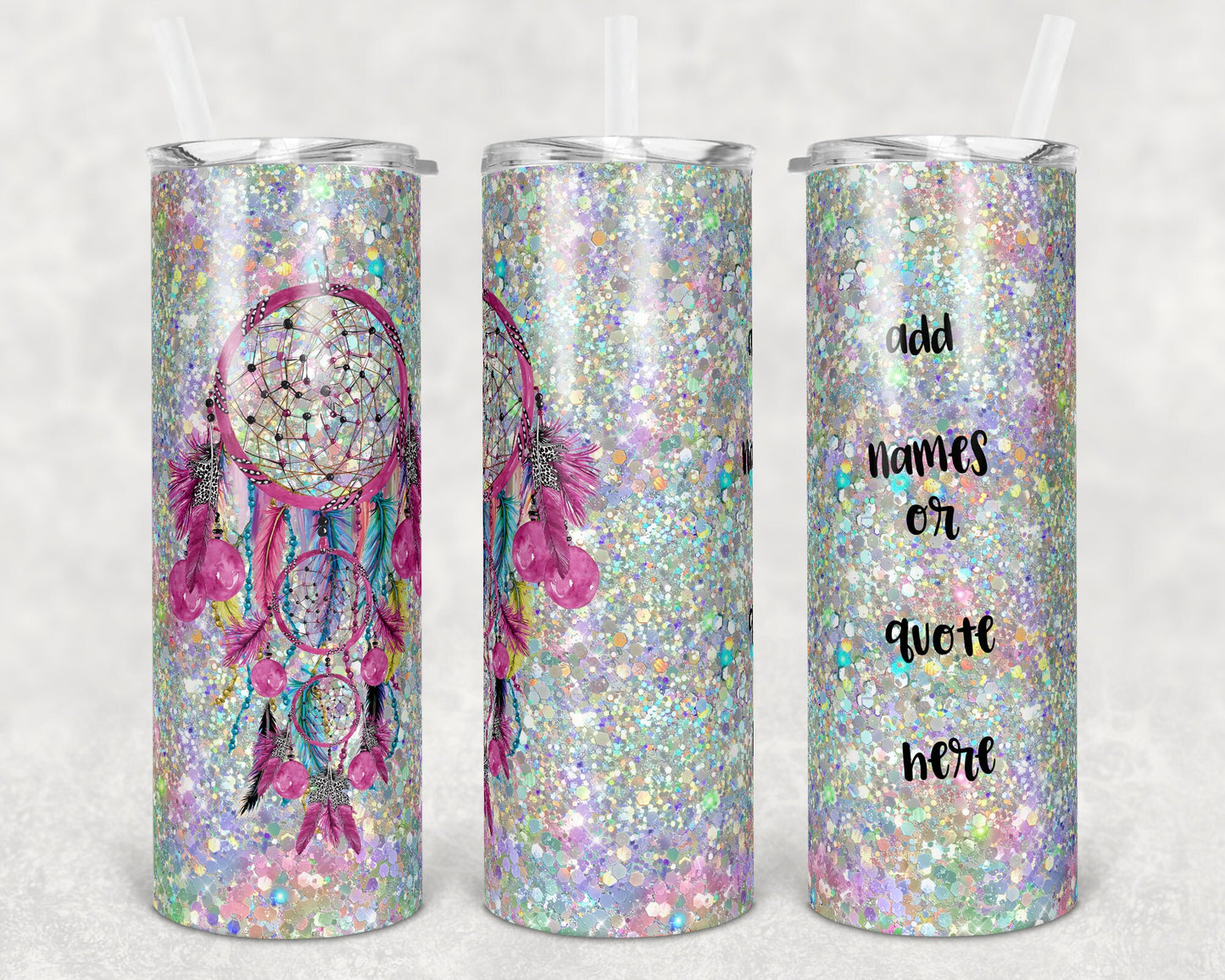 20 oz Skinny Tumbler Holo Dream Catcher Centered and to the Left to Add your Personalization Sublimation