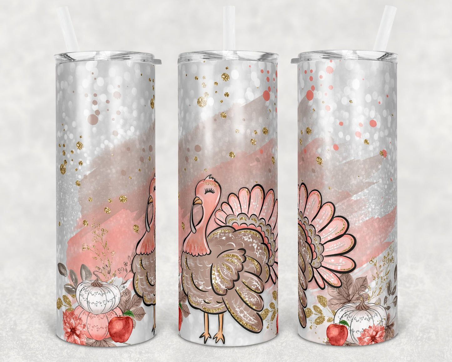 20 oz Skinny Tumbler Sublimation Pumpkin Fall Thanksgiving Turkey Pretty Glitter Pink Design Template Straight Warped