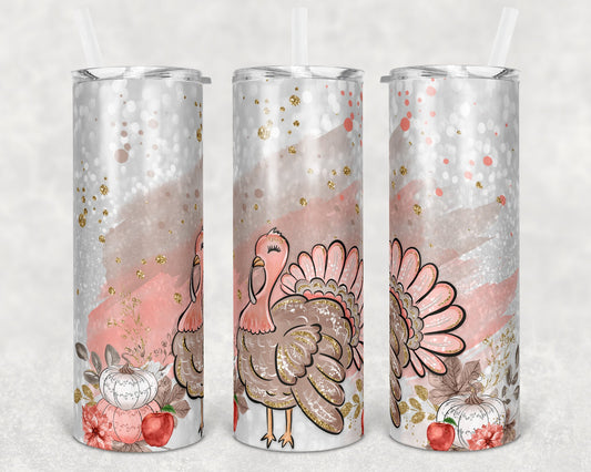 20 oz Skinny Tumbler Sublimation Pumpkin Fall Thanksgiving Turkey Pretty Glitter Pink Design Template Straight Warped