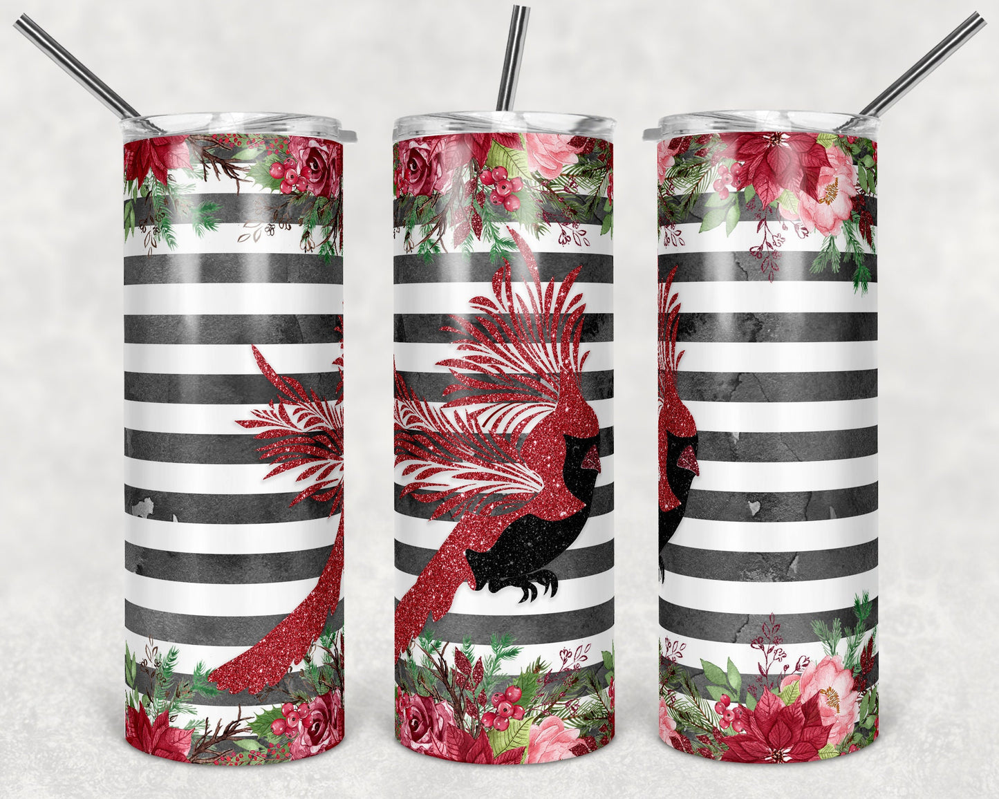 20 oz Skinny Tumbler Cardinal and flower Stripe Sublimation Design Print Transfer