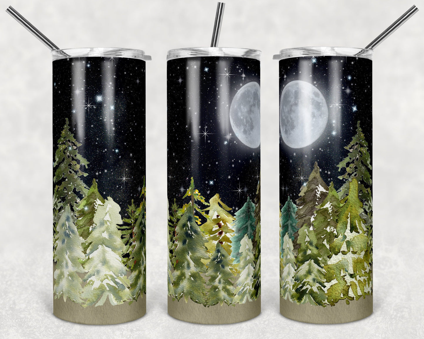20 oz Skinny Tumbler Sublimation Design Template Galaxy Night Sky Green Trees Full Moon Silhouette