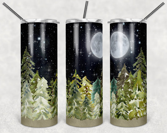 20 oz Skinny Tumbler Sublimation Design Template Galaxy Night Sky Green Trees Full Moon Silhouette