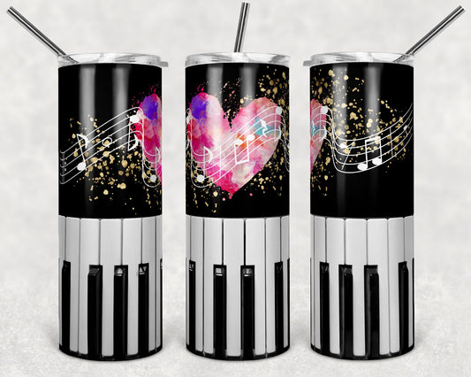 20 oz Skinny Tumbler Band Tumbler Music Notes Piano Music Heart Sublimation Design Template Design