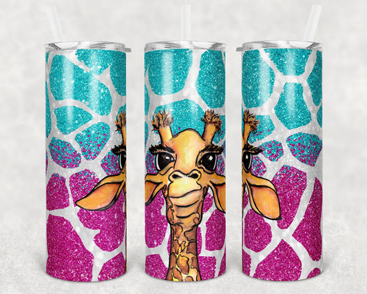 20 oz Skinny Tumbler Sublimation Design Template Ombre Glitter Giraffe Straight and Warped