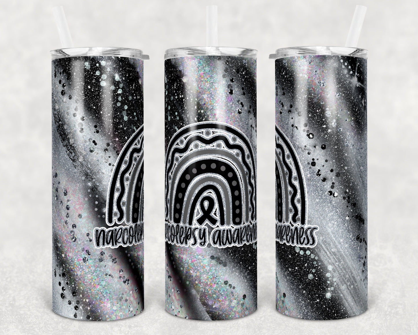 20 oz Skinny Tumbler Sublimation Glitter Narcolepsy Awareness Straight and Warped Design
