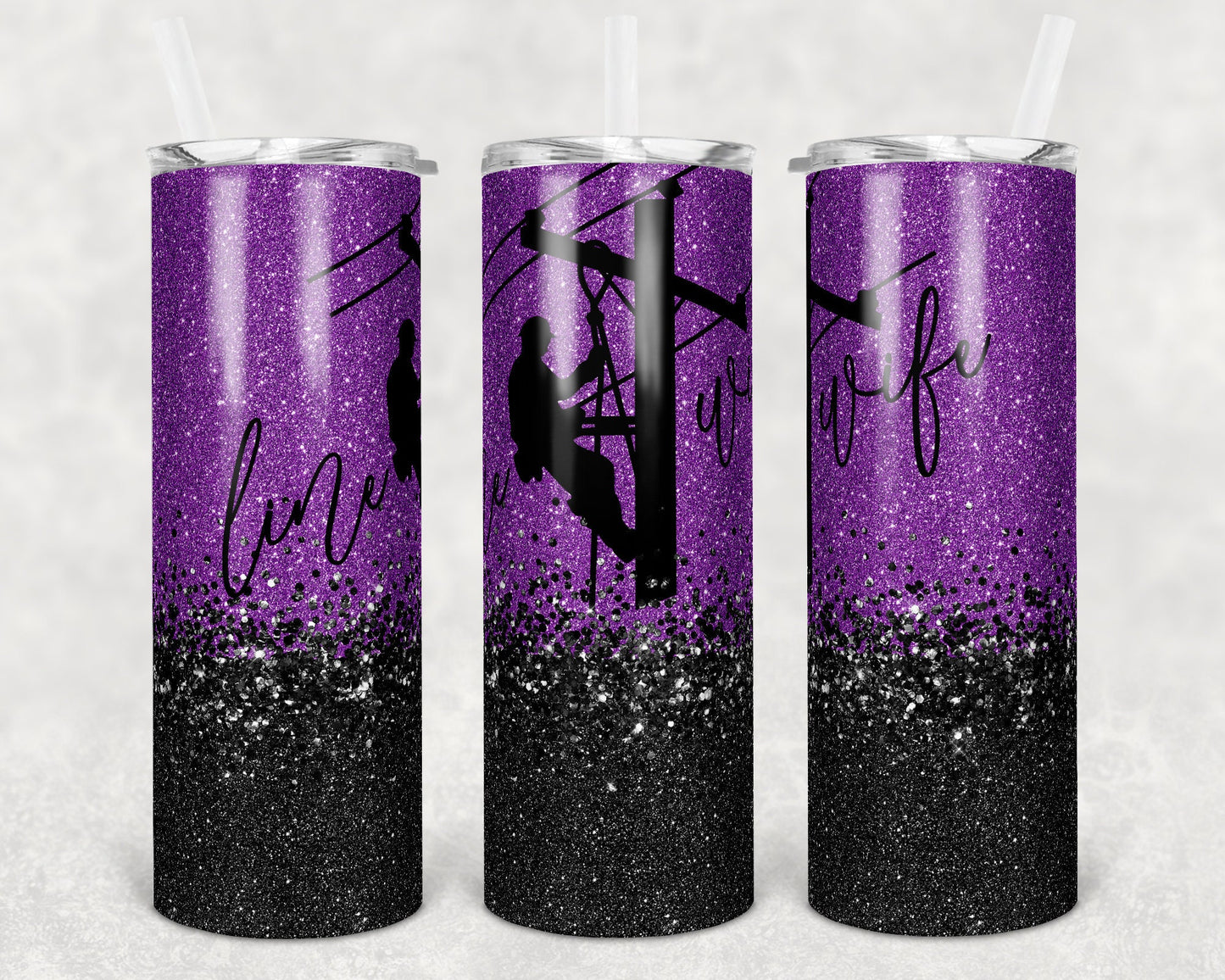20 oz Skinny Tumbler Sublimation Design Template Purple Glitter Line Wife Lineman Design