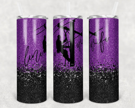 20 oz Skinny Tumbler Sublimation Design Template Purple Glitter Line Wife Lineman Design