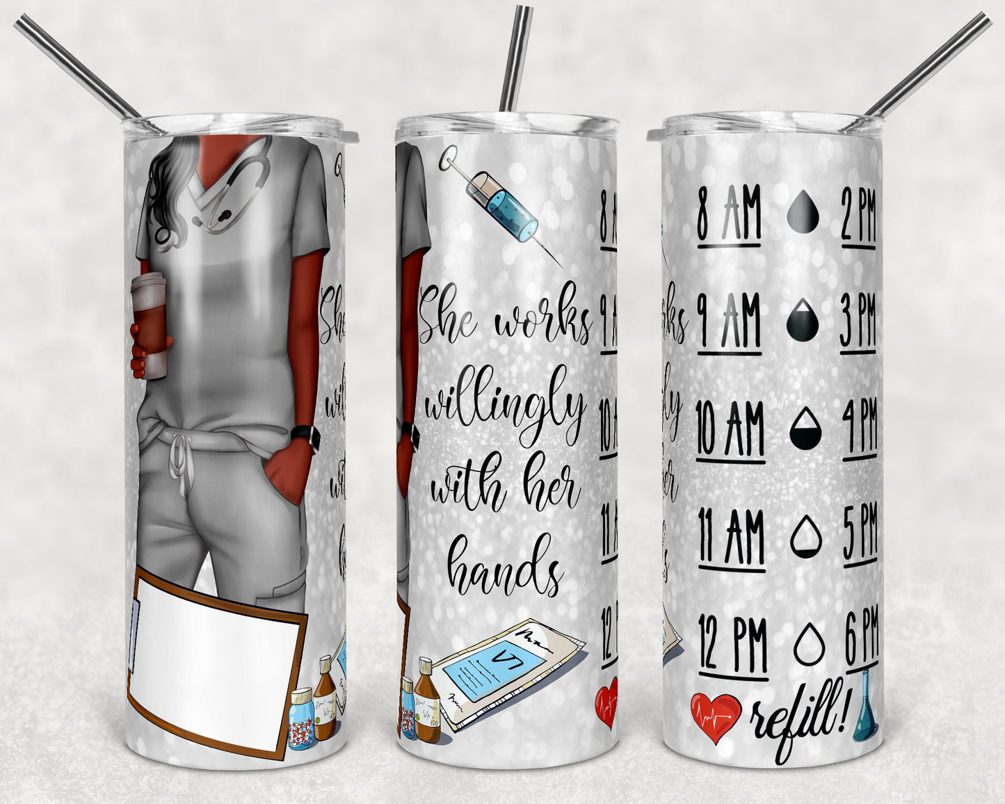 20 oz Skinny Tumbler Sublimation Design Template Glitter Nurse Scrub Top Water Measurement Inst dark hair