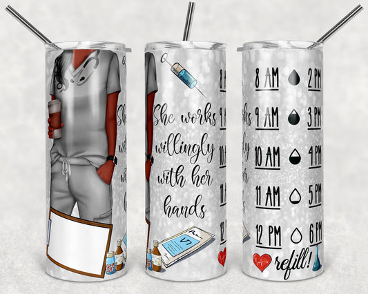 20 oz Skinny Tumbler Sublimation Design Template Glitter Nurse Scrub Top Water Measurement Inst dark hair