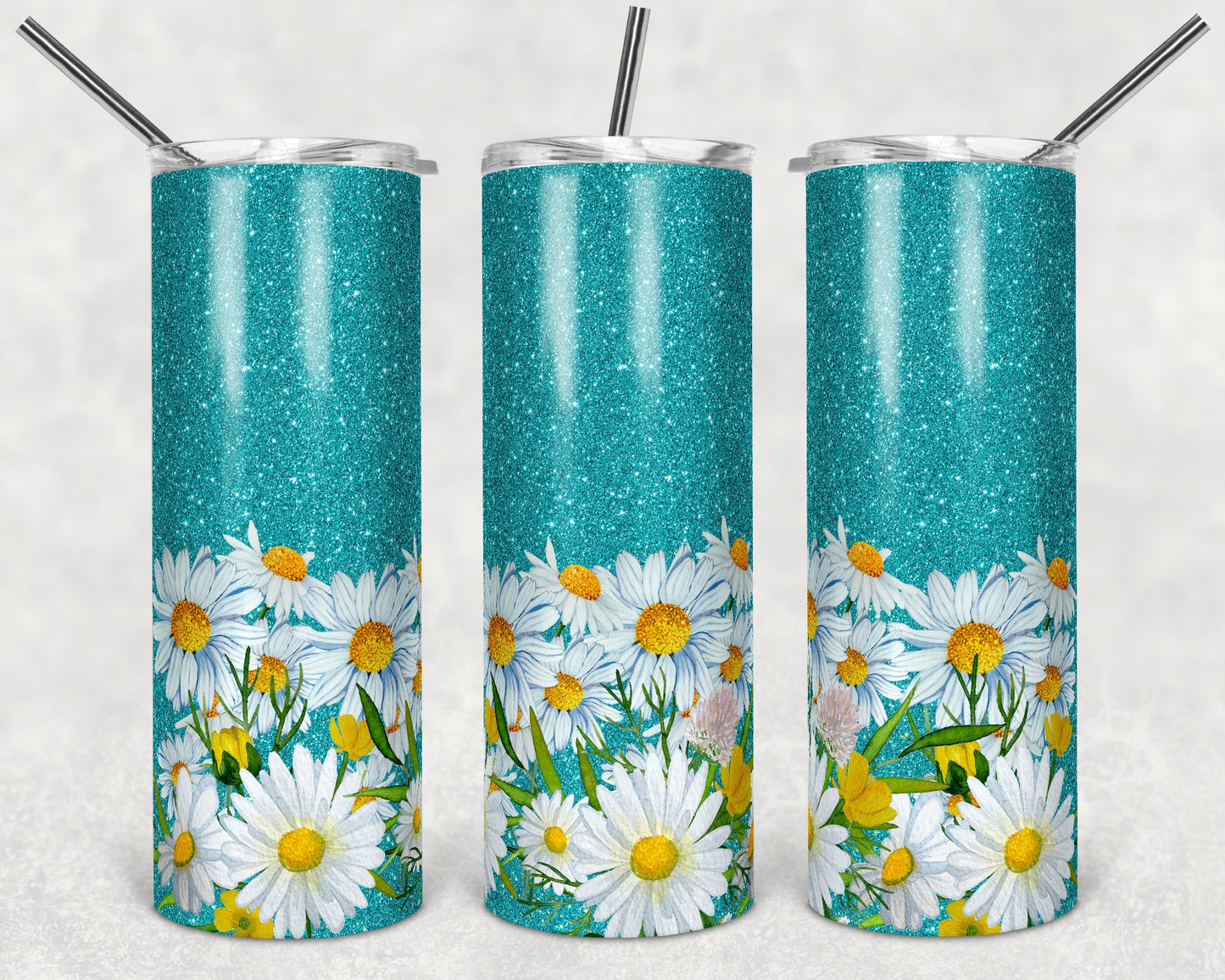 20 oz Skinny Tumbler Floral Teal Glitter Daisies Sublimation Design Print Transfer