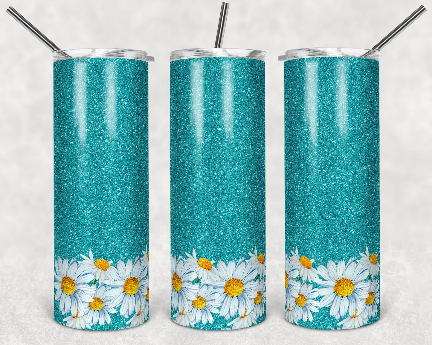 20 oz Skinny Tumbler Floral Teal Glitter Daisies Sublimation Design Print Transfer