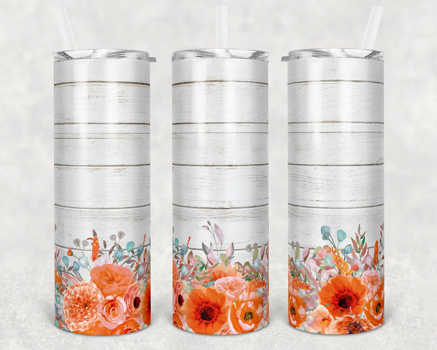 20 oz Skinny Tumbler Floral Orange and Wood Sublimation Design Print Transfer