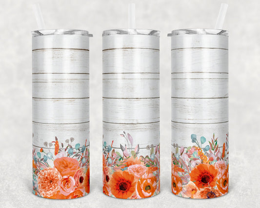 20 oz Skinny Tumbler Floral Orange and Wood Sublimation Design Print Transfer