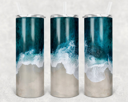 20 oz Skinny Tumbler Ocean Beach Crashing Waves water sand Background Sublimation Design