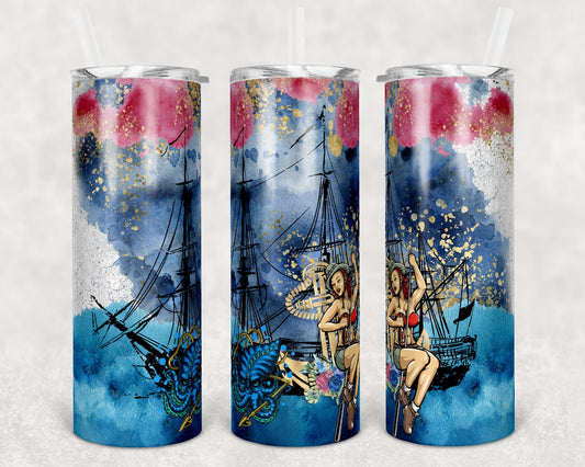 20 oz Skinny Tumbler Sublimation Design Template Ink Glitter Pirate Ship Ocean Pin Up Girl