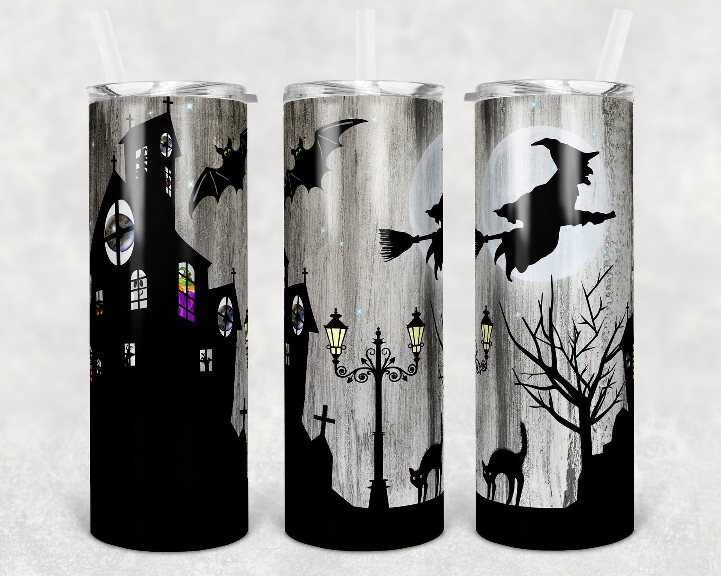 20 oz Skinny Tumbler Sublimation Design Template Haunted House Halloween Straight Warped Design