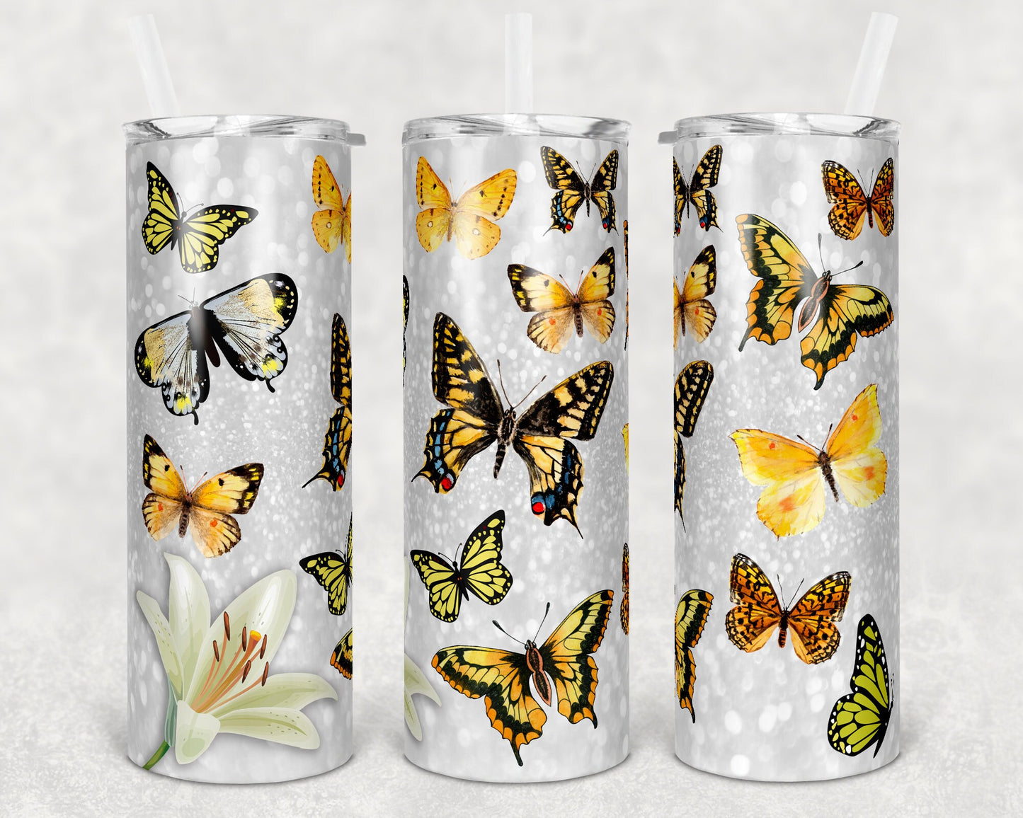 20 oz Skinny Tumbler Butterflies Yellow Butterfly Glitter Sublimation Design Print Transfer