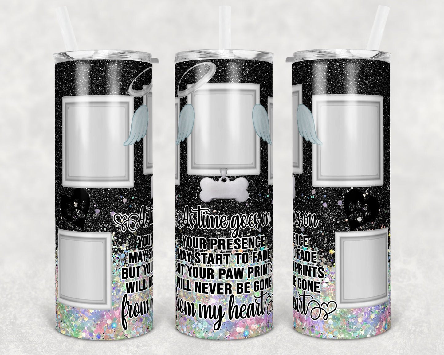 20 oz Skinny Tumbler Dog Memorial Picture Frame Black Holographic Faux Glitter Tumbler photos Sublimation Design