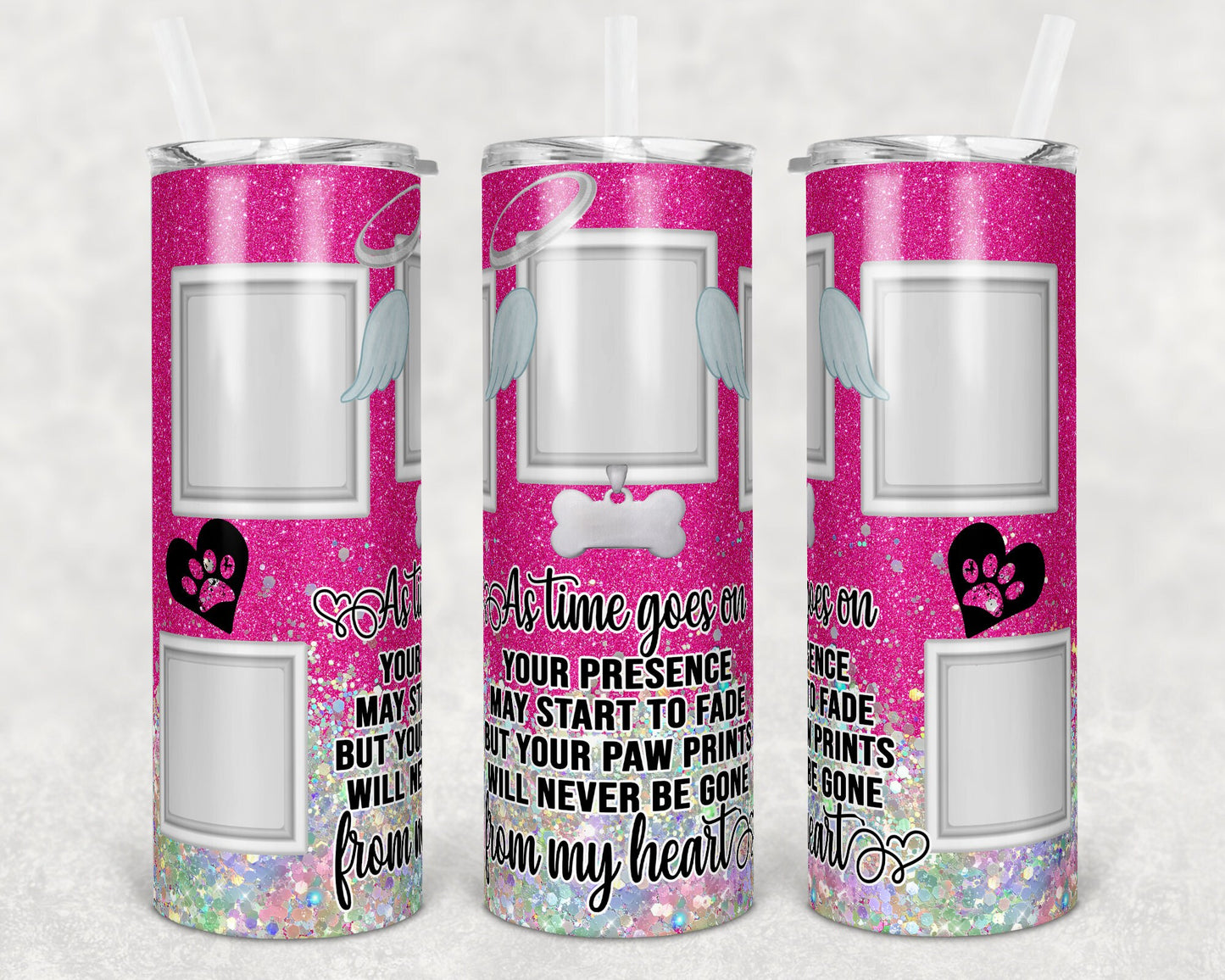 20 oz Skinny Tumbler Dog Memorial Picture Frame Pink Holographic Faux Glitter Tumbler photos Sublimation Design