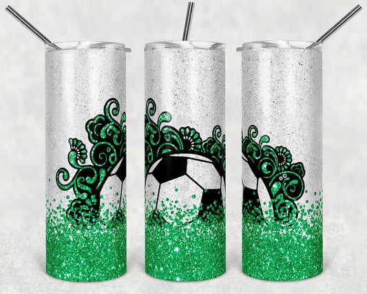 20 oz Skinny Tumbler Soccer Ball Green Glitter Sublimation Design Template Design