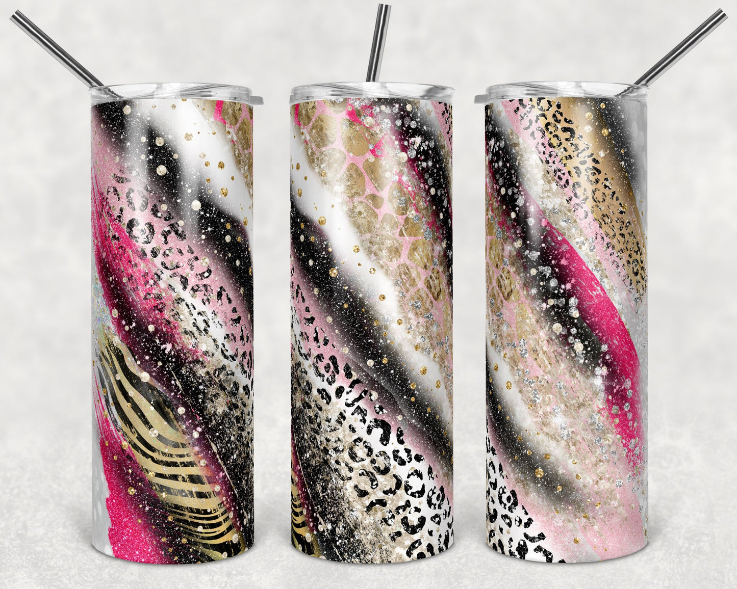 20 oz Skinny Tumbler Sublimation Template Agate Milky Way Hot Pink Safari Animal Print Straight and Warped Design