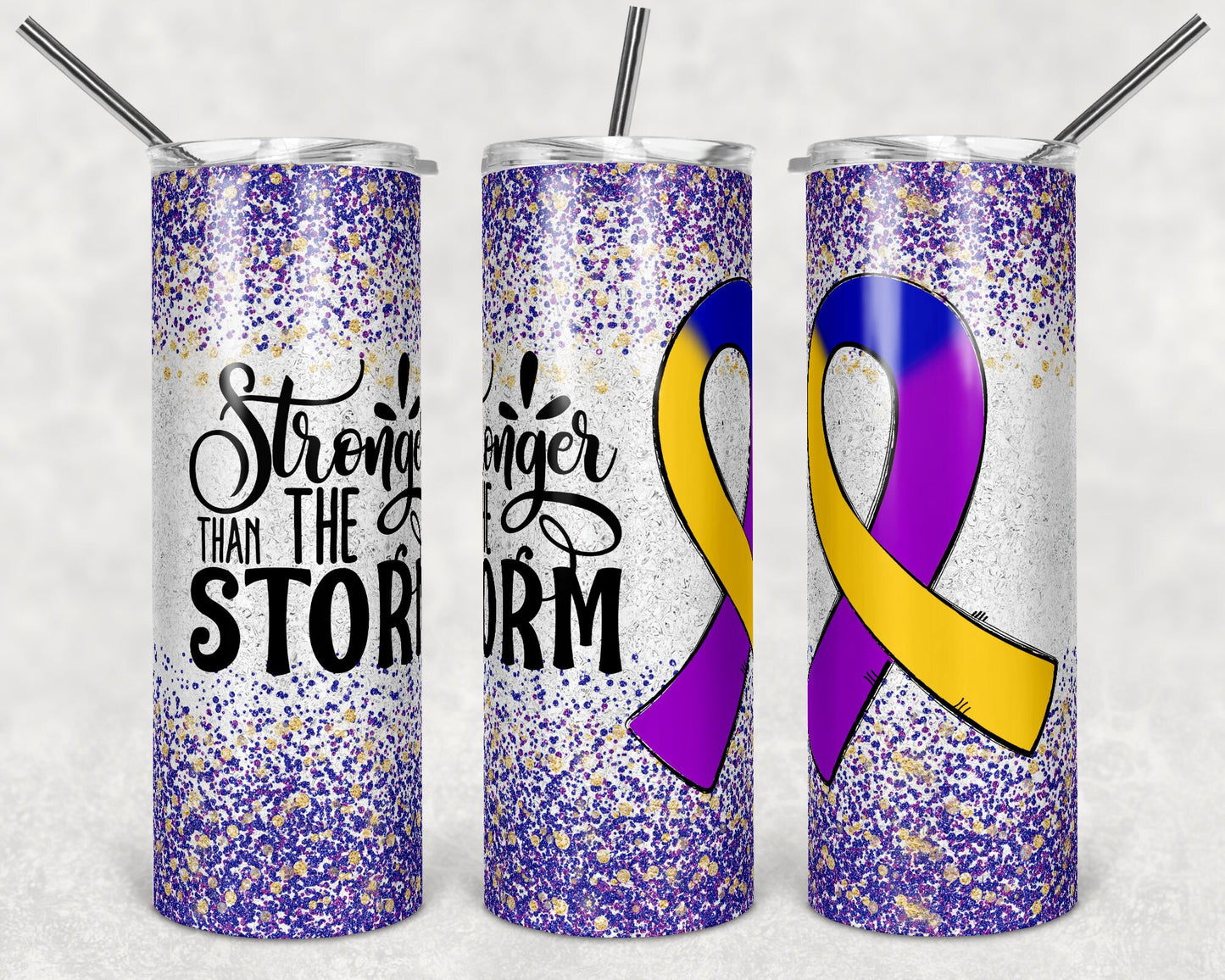 20 oz Skinny Tumbler Sublimation Glitter Bladder Cancer Awareness Straight and Warped Design