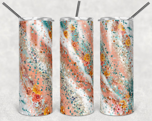 20 oz Skinny Tumbler Sublimation Design Template Glitter Milky way Teal Coral Floral Fall Colors Straight Warped Design