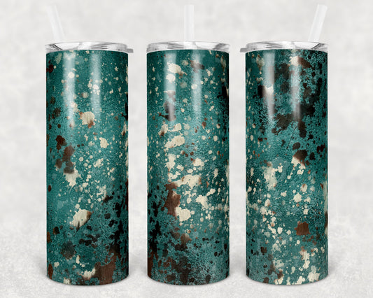 20 oz Skinny Tumbler Sublimation Teal Foil Cow Hide Print Splatter Design