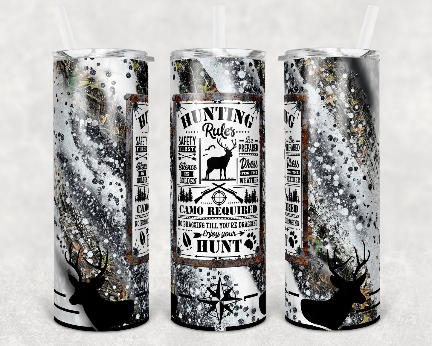 20 oz Skinny Tumbler Milky way Vintage Sign Hunting Rules Camo Hunt Glitter Sublimation