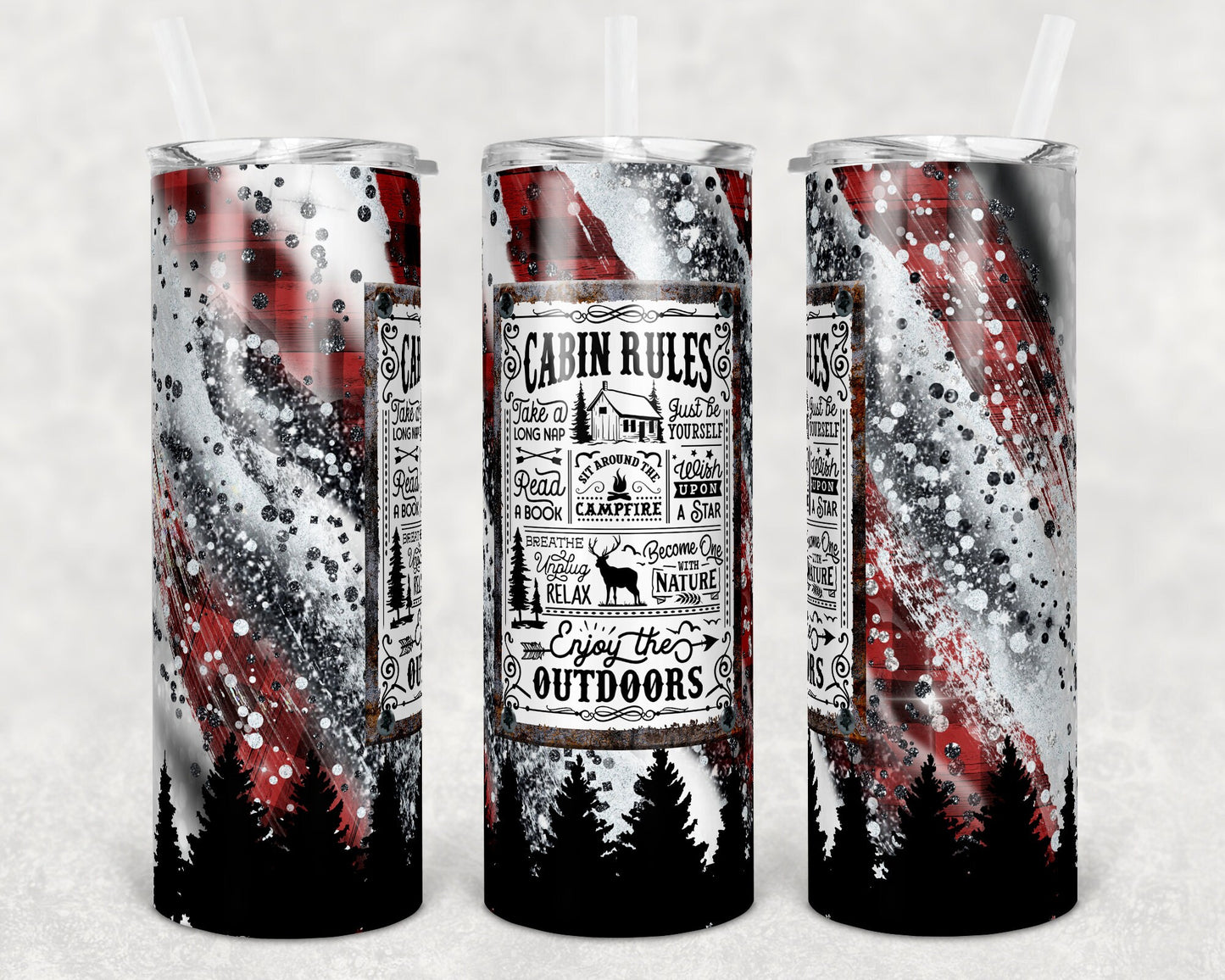 20 oz Skinny Tumbler Milky way Vintage Sign Cabin Rules Plaid Glitter Sublimation